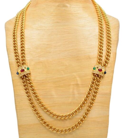 Givenchy Signed Cabochon Necklace Gold Double Chain Runway Vintage 1980s BinY - Picture 7 of 12